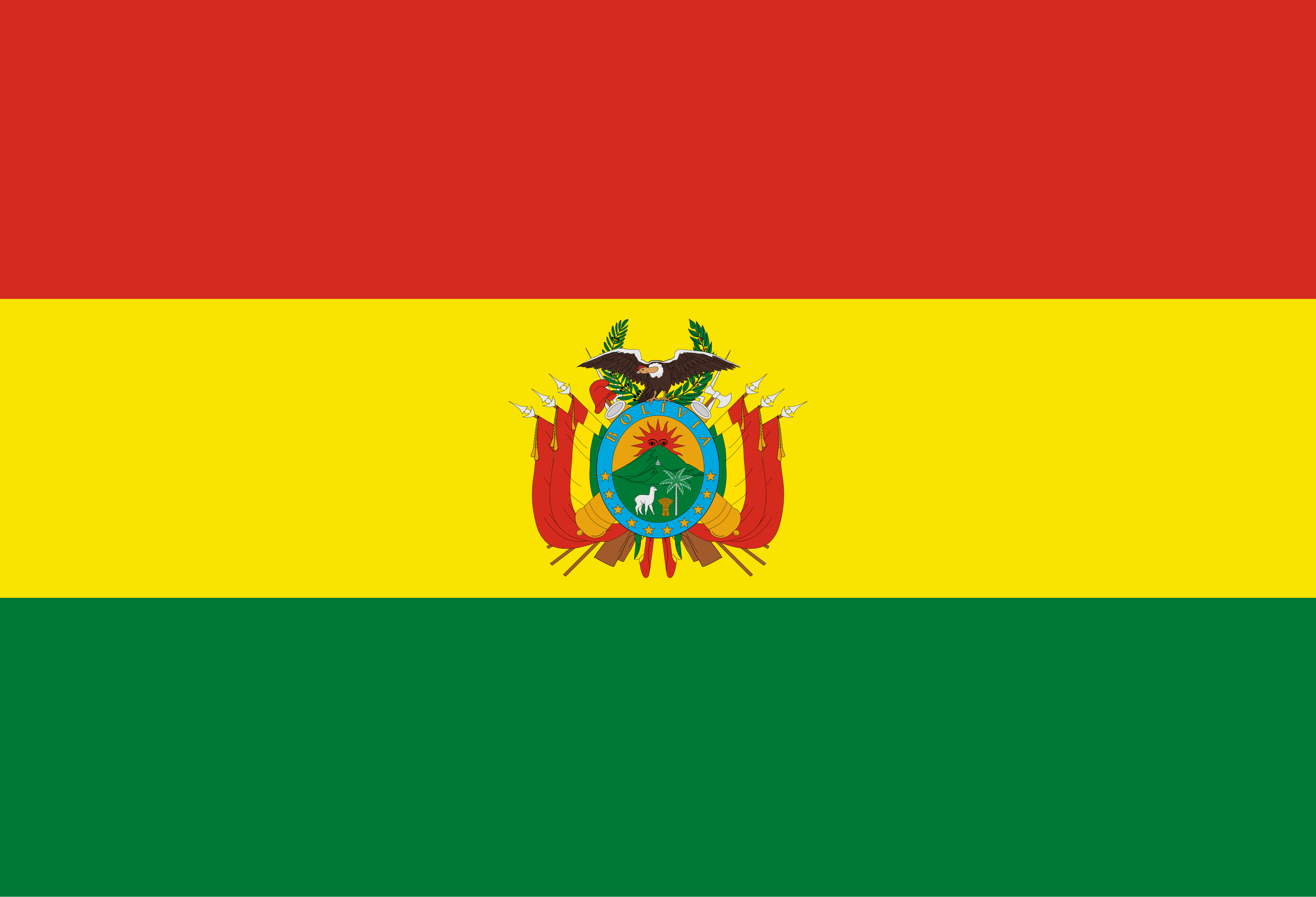 Horizontal red, yellow, and green stripes with Bolivia's coat of arms at the center.