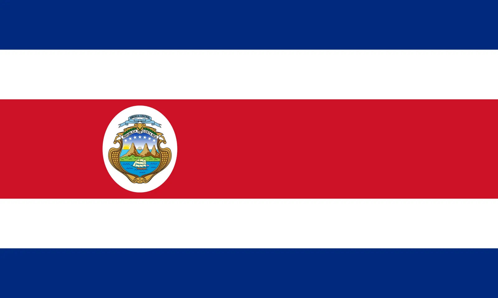 Flag of Costa Rica. Horizontal blue, white, red, white, blue stripes with a national emblem centered in the red stripe.