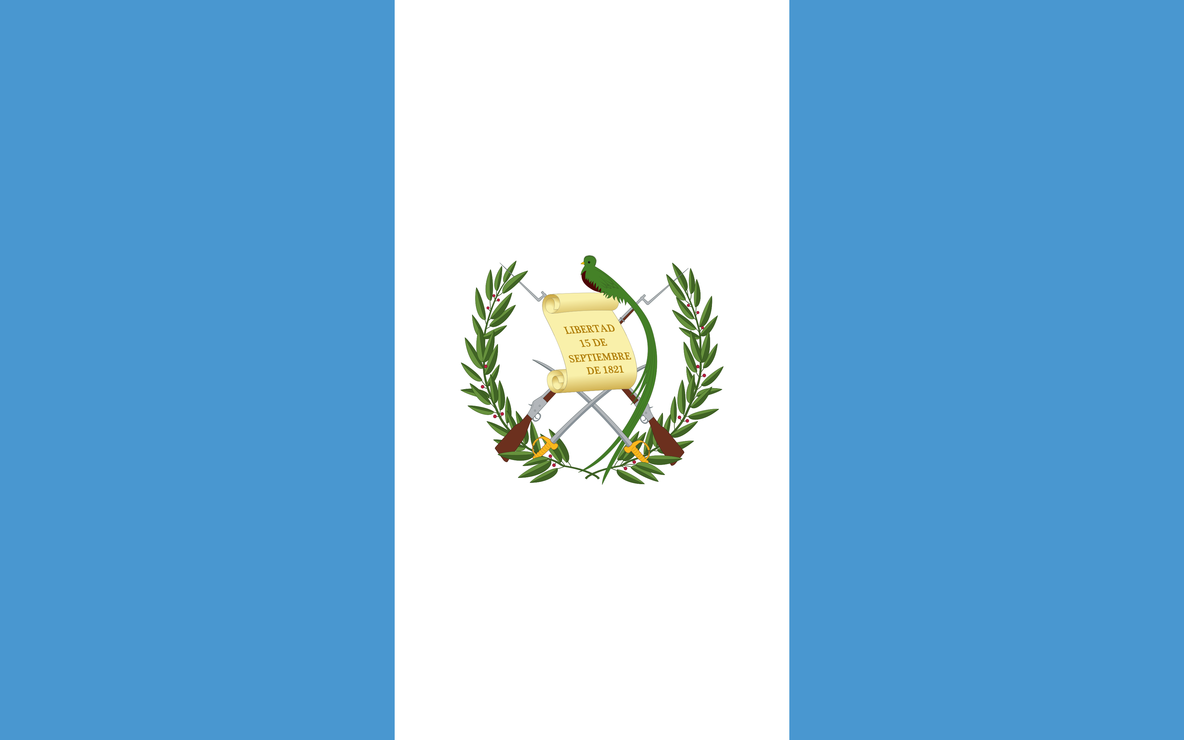Vertical blue and white stripes with Guatemala's coat of arms in the center.