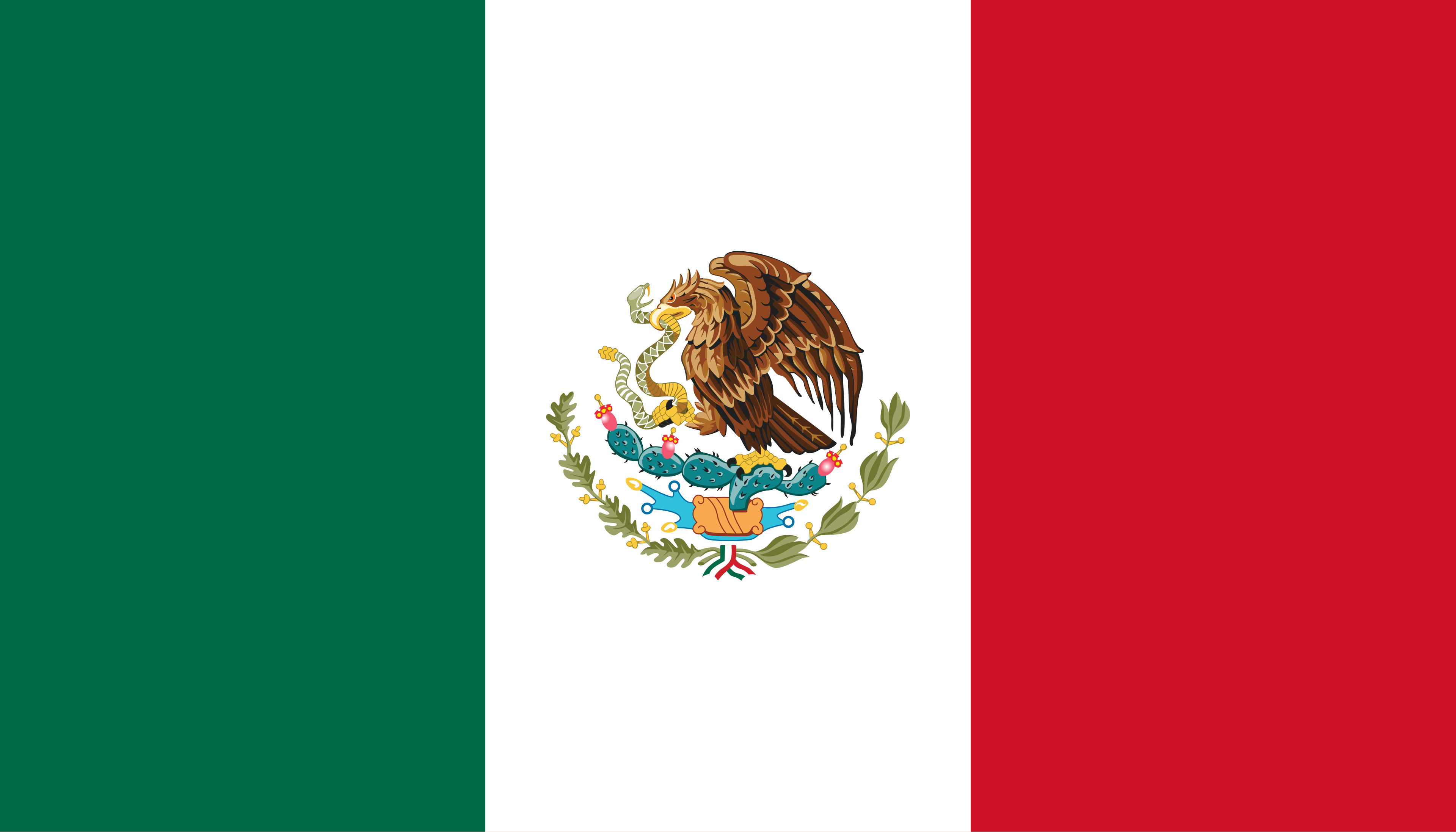 Green, white, and red vertical stripes with Mexico's coat of arms in the center stripe.