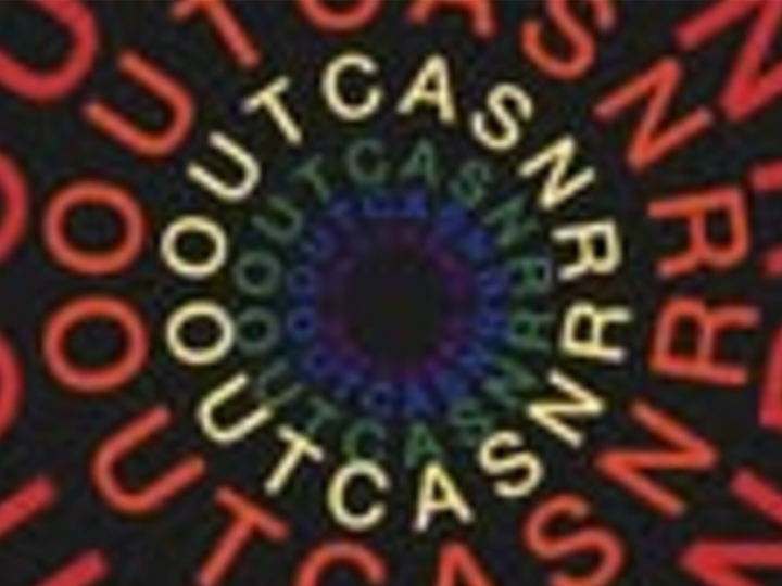 Colorful spiral of "OUTCASNR" text on black background. Red, yellow, green, and blue letters form concentric rings.