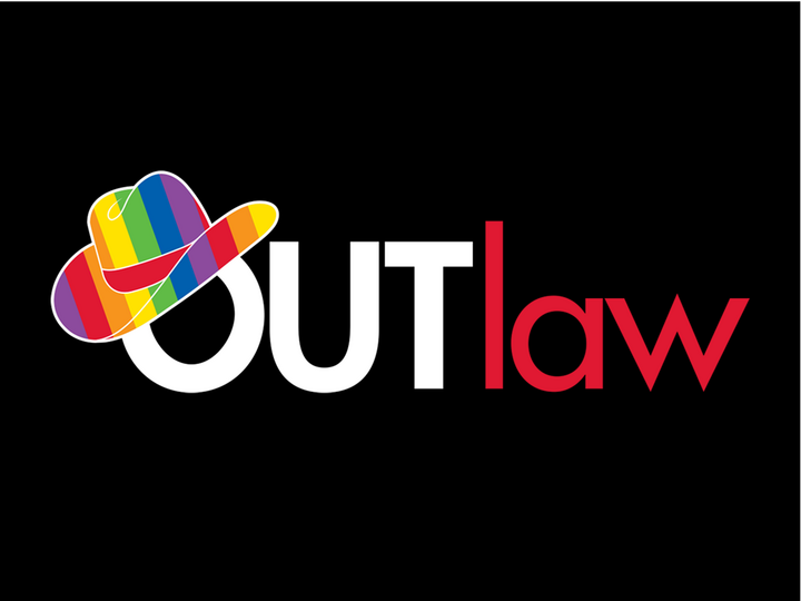 Rainbow cowboy hat above "OUTlaw" in bold white and red text on a black background.