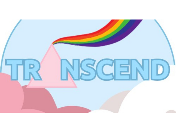 Transcend text with pastel colors, pink triangle, rainbow, and clouds in abstract design.